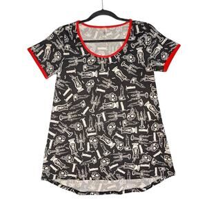 LuLaRoe Halloween Goth Skull Candelabra Candle Graphic Ringer Tee XXS Macabre
